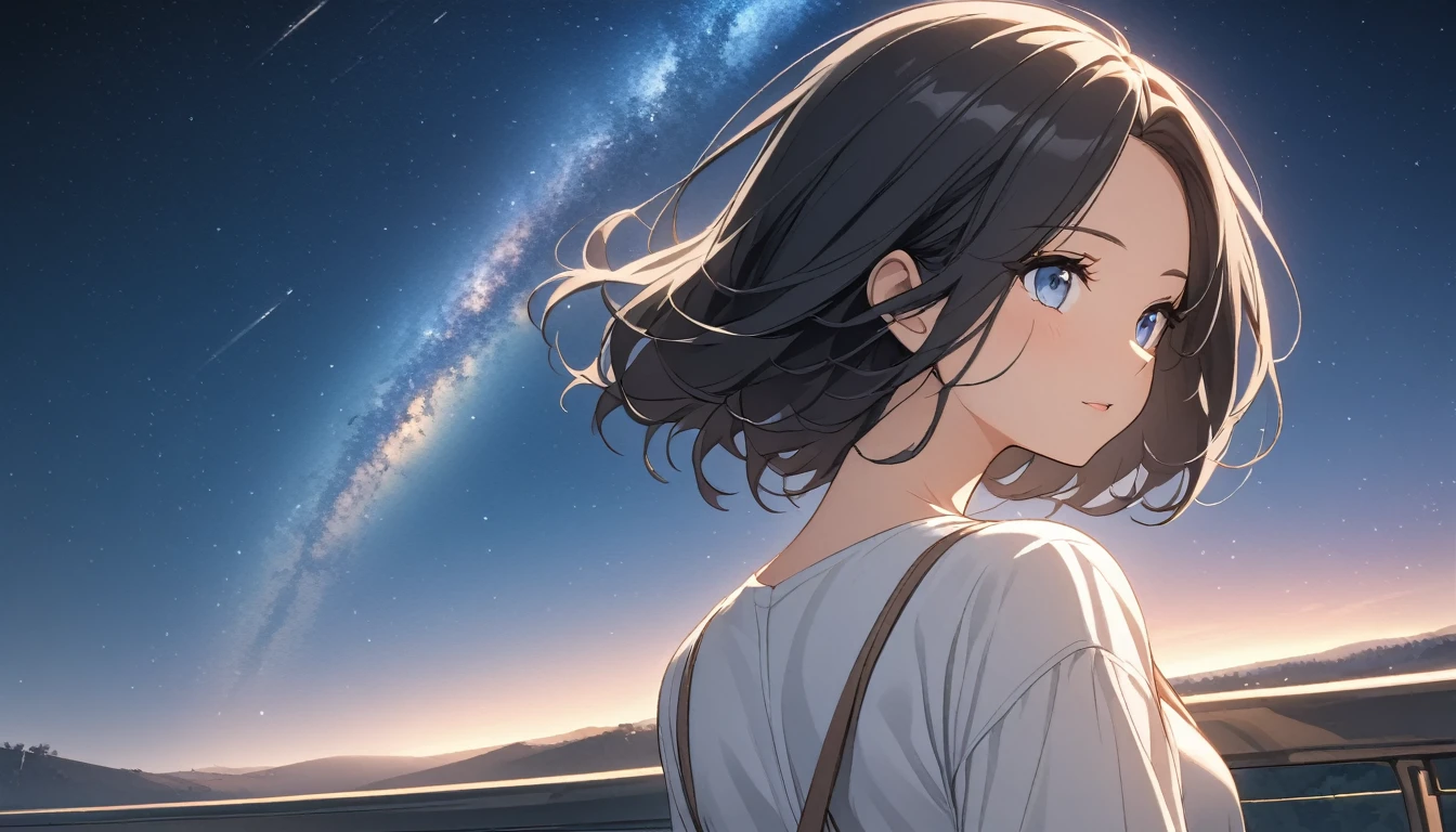 Starry Sky、milky way、A woman at the center、Black Hair、Short Hair、Hair blowing in the wind、Blue Eyes、Casual clothing、Back view、Upper Body、Low - Angle