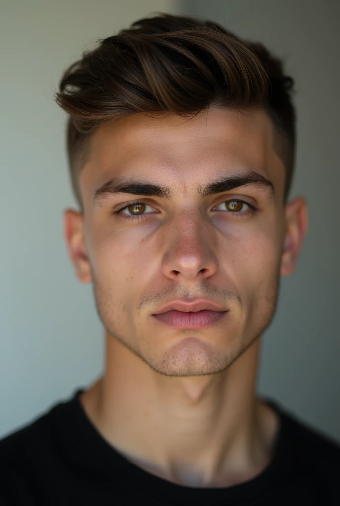 "A 21-year-old boy with a low fade haircut, looking straight at the camera. The image should be zoomed in, showing only from his shoulders i dont want to see his shoulder only his neck and head