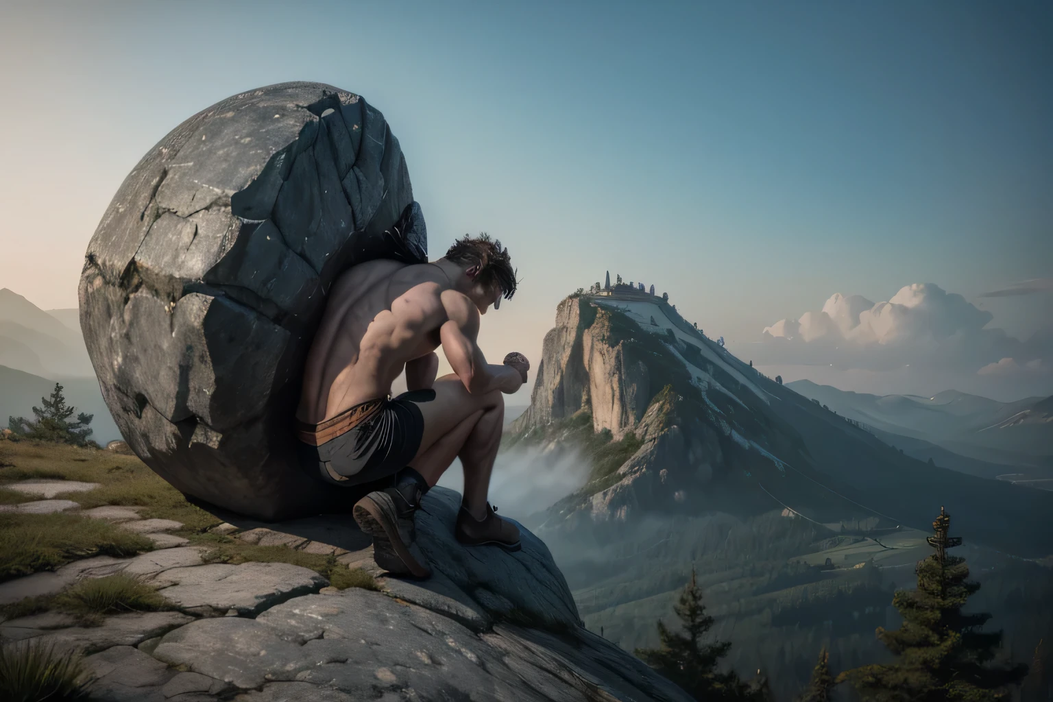 create an image about the myth of sisyphus, robust man climbing a rock up a mountain, grim colors, mythological setting
