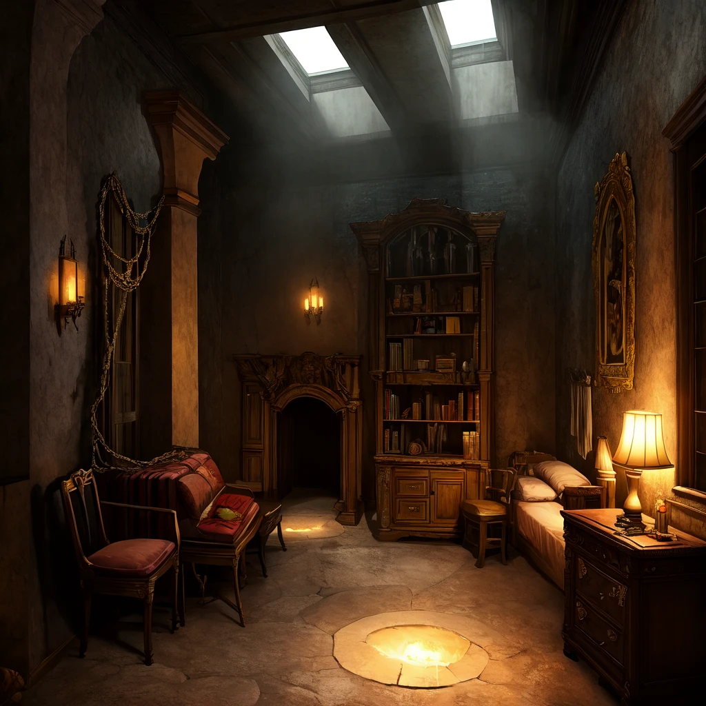 In a quiet, secluded town, there's an old mansion that has been transformed into a secret haven for intense and passionate BDSM encounters. One of its hidden underground rooms, known as "The Chamber," is where the most extreme and forbidden desires are indulged.
Details of The Chamber:
Walls: The walls are painted in dark tones, creating a mysterious and somber atmosphere. They are adorned with various BDSM tools, such as chains, whips, handcuffs, and ropes, hanging from hooks strategically placed around the room.
Furniture: The room features a large, reinforced bed with leather straps attached to each corner, ready for restraint. There are also sturdy wooden chairs with attached restraints, and a variety of other furniture designed for different BDSM scenarios.
Lighting: Dim, warm lighting casts deep shadows, highlighting the room's tools and furniture, while leaving some corners in darkness to heighten the sense of mystery and anticipation.