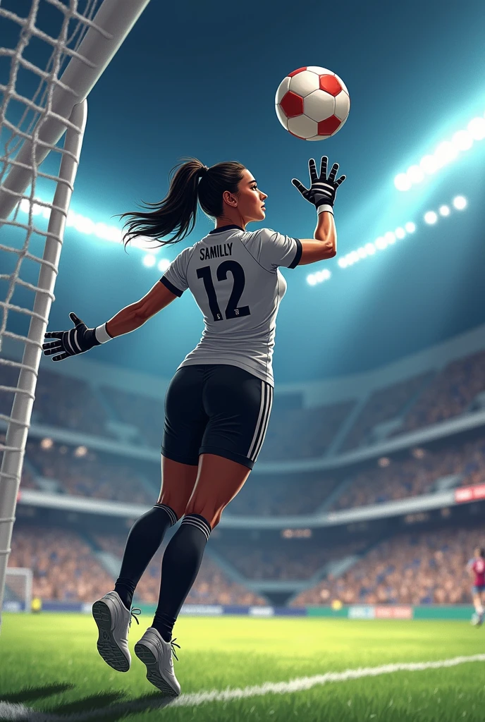 Illustration of a woman goalkeeper with her back turned, with brown skin, slickedback hair, tall and black with a gray shirt number 12 written SAMILLY and black pants and gloves jumping to catch a ball