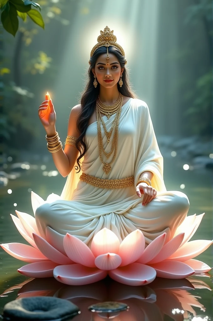 Goddess Saraswati (wearing white shari clothes, holding a Veena in her hand, a crown on her head, sitting on a lotus flower, giving Asirvad from her right hand, bright light emanating from her body)