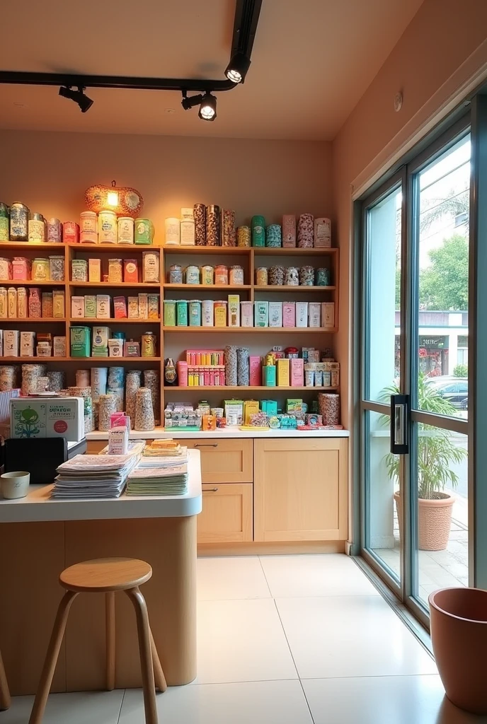 A stationery and general merchandise store about 50m2 wide, Add a checkout counter and an entrance for me, I want it to be more space optimized
