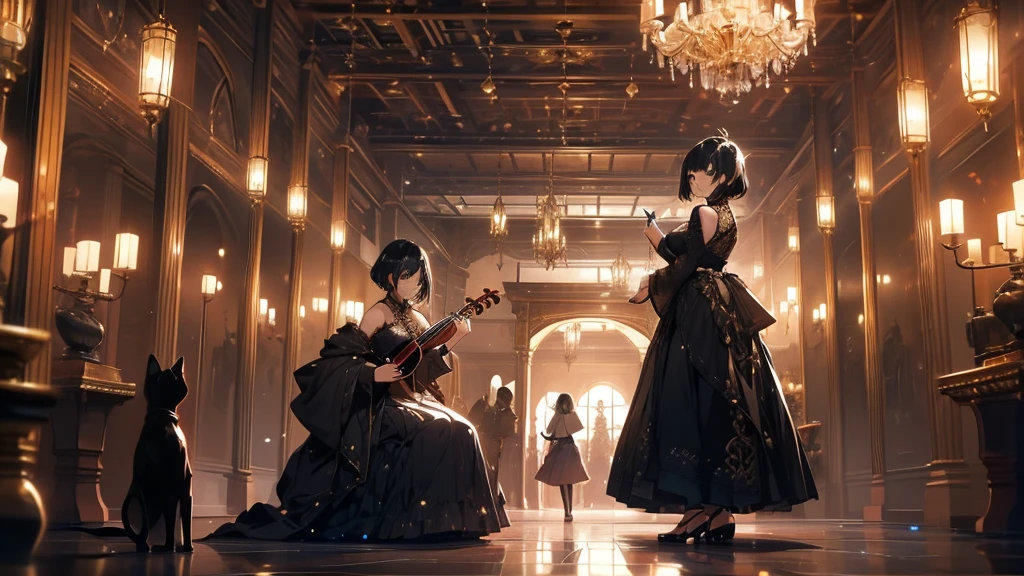 A woman is playing the violin.The woman has short black hair and is wearing a gold dress..The girl is playing in the hall.A black cat is watching the girl play at her feet.