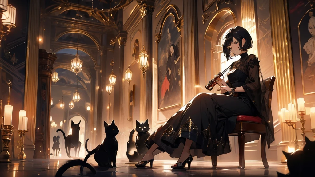 A woman is playing the violin．The woman has short black hair and is wearing a gold dress.．The girl is playing in the hall．A black cat is watching the girl play at her feet．