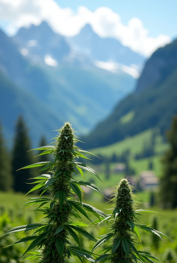 Two ???????? plants. Background with a plantation in the Swiss Alps mountains with a blurred blue filter.