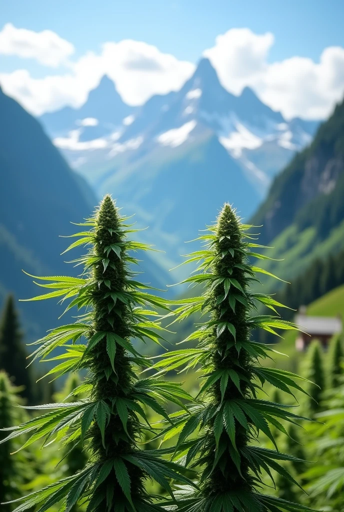 Two cannabis plants. Background with a plantation in the Swiss Alps mountains with a blurred blue filter.