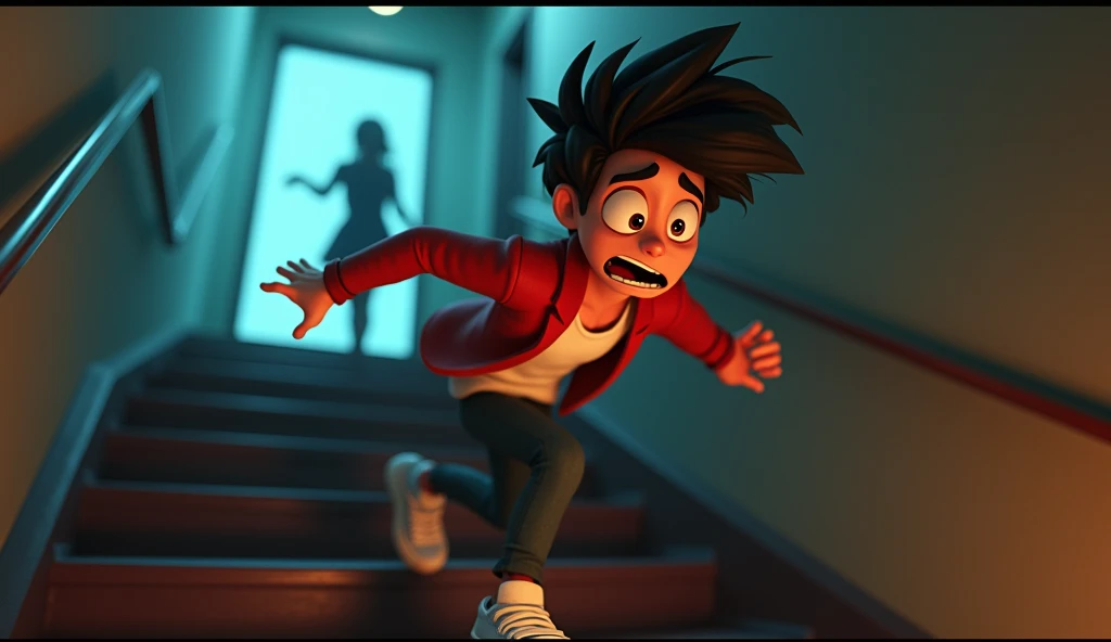 Dimas runs down the stairs in a panic, while the shadow of the woman appears to follow from afar.
( animasi, cartoon, light effect, lighting is smooth, in 3d animation )
