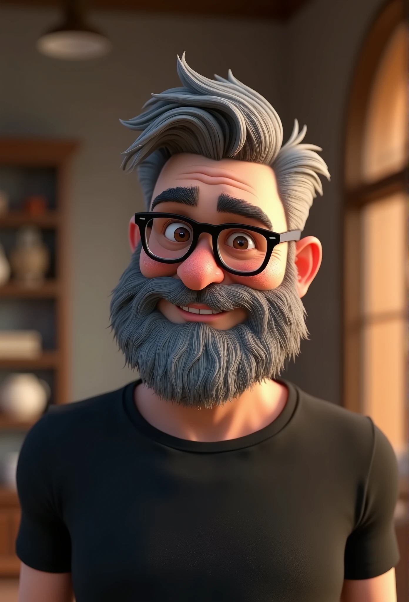 Cartoon character of a man with short gray hair and a big, closed beard, about 90 kilograms, few freckles on the face, Brown eyes, with black glasses and a black shirt, animation character, stylized character, animation style rendering, 3D stylized, Arnold Maya rendering, Render 3D stylized, Toon render keyshot, 3D character, 3D character, Stylized 3D rendering, 3d character rendering, cartoon character, Close-up character, Character pose, (pixar style) (master part:1.2) (bokeh) (Best Quality) (detailed skin) (detailed texture) (8k) (clay) (cinematic lighting) (sharp focus)