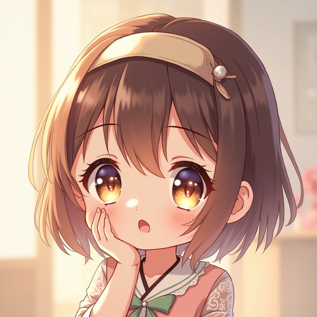 cute chibi girl, beautiful detailed eyes, beautiful detailed lips, extremely detailed face and features, perfectly smooth skin, rosy cheeks, long eyelashes, intricate hairstyle, headband, detailed clothing folds, (best quality,4k,8k,highres,masterpiece:1.2),ultra-detailed,(realistic,photorealistic,photo-realistic:1.37),highly detailed, warm lighting, soft focus, pastel colors, kawaii, anime style
