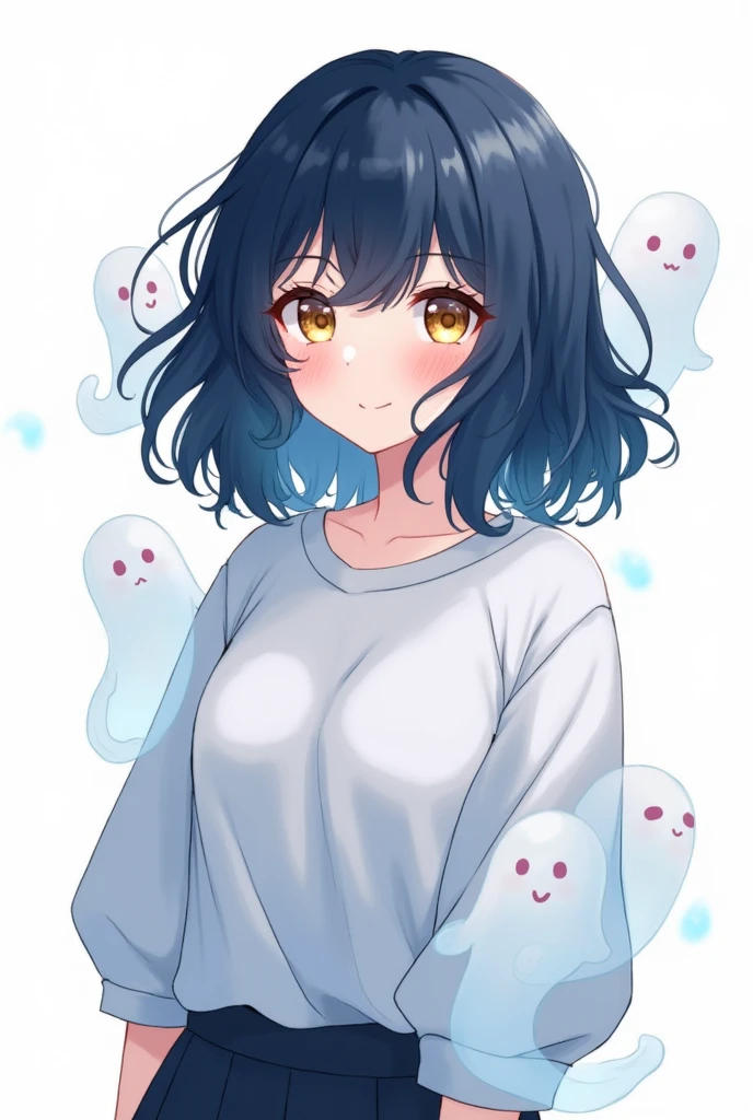 Bluish dark navy hair with medium-long loose perm、Small, thin, golden eyes with hooded lids.、The character has a youthful face with a short middle face, and small ghosts are clinging to their entire body.、The background is white, anime style, about 25 years old、Standing picture on the front