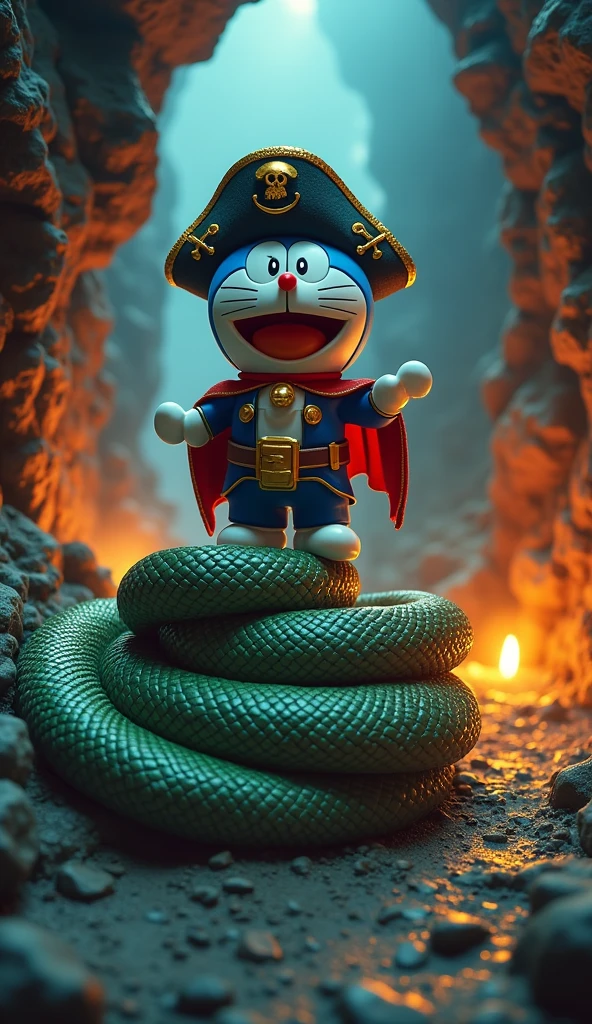 An image of Captain Doraemon wearing a pirate costume . Doraemon defeats the giant snake in the cave, standing on the giant snake..sharp 4k 3d images