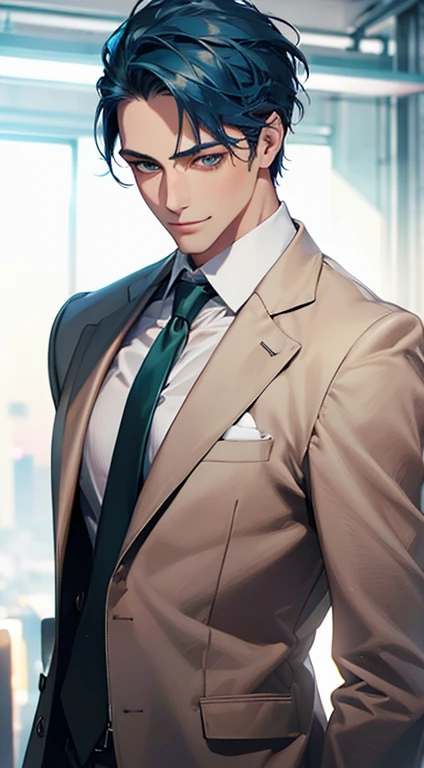 (Highest quality,4K,8K,High resolution,masterpiece:1.2),Super detailed,(Realistic,photoRealistic,photo-Realistic:1.37),1 person,34 years old,Mature Men,Beautiful skin、very handsome,Expressionless smile in love,Short blue hair,green eyes,Sharp Eyes,A perfect face without a doubt,Businessman, CEO, Office Background,Cinema Lighting,HDR image,tie、