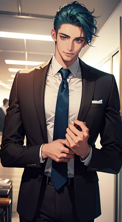 (Highest quality,4K,8K,High resolution,masterpiece:1.2),Super detailed,(Realistic,photoRealistic,photo-Realistic:1.37),1 person,34 years old,Mature Men,Beautiful skin、very handsome,Expressionless smile in love,Short blue hair,green eyes,Sharp Eyes,A perfect face without a doubt,Businessman, CEO, Office Background,Cinema Lighting,HDR image,tie、