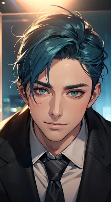 (Highest quality,4K,8K,High resolution,masterpiece:1.2),Super detailed,(Realistic,photoRealistic,photo-Realistic:1.37),1 person,34 years old,Mature Men,Beautiful skin、very handsome,Expressionless smile in love,Short blue hair,green eyes,Sharp Eyes,A perfect face without a doubt,Businessman, CEO, Office Background,Cinema Lighting,HDR image,tie、