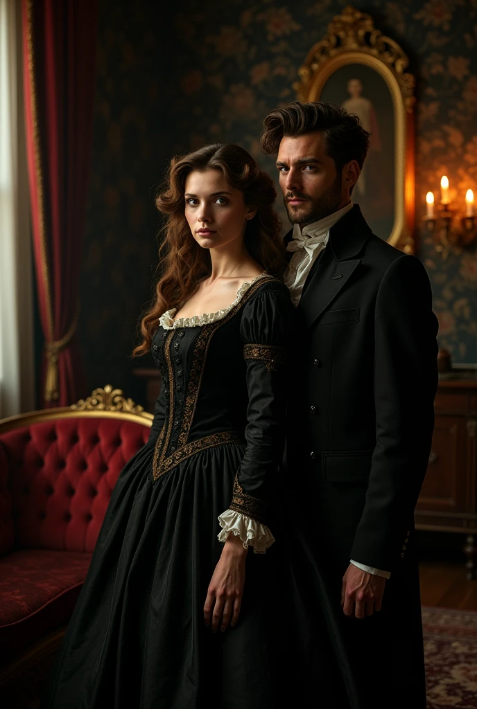A Victorian woman, A lady, human. She has brown hair and it's curly, but without much volume. She is wearing a dress from 1721, a bit English tinged. It's for my vampire novel, so it should have a dark note.
They are together, Vampires but look very human.
She also has her companion there. He has dark brown hair, which is short and is a Welshman. He also wears clothes from the year 1721
