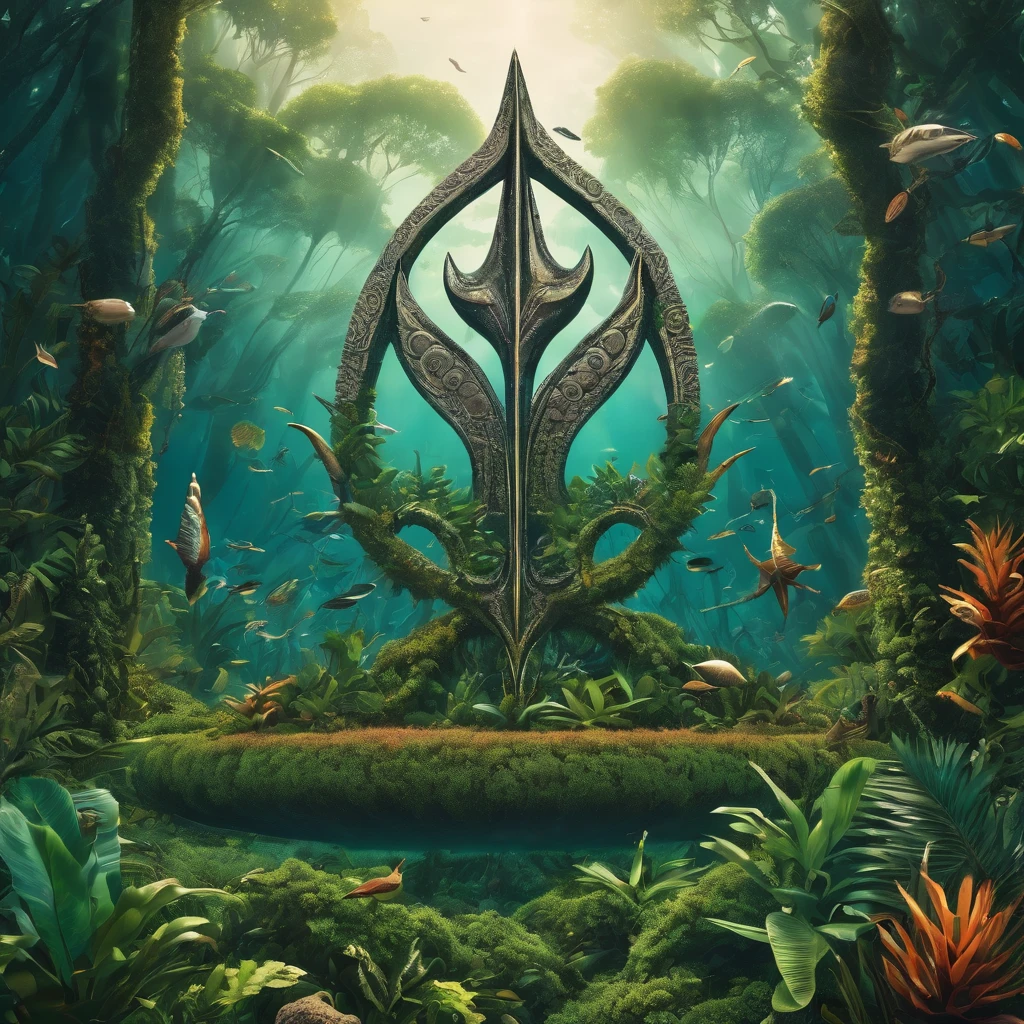 Album cover, a trident in the middle of a forest with birds, plants, trident, Buzios, cowrie sea shells, afrofuturism, african symbols, Awarded several times, High details, high qualiy, ultra HD, Depth of field, film grain, poseidon trident style
