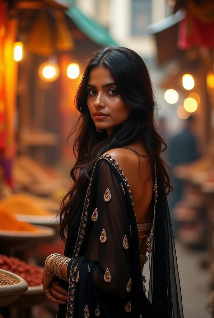 Very very beautiful and sexy indian gril in black sari boobs will more biget
