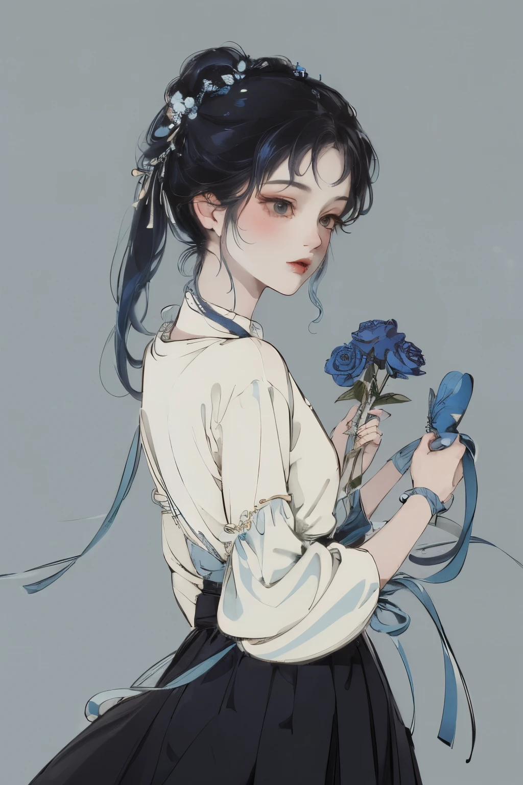 (best quality, masterpiece), (1 girl, solitary, Black skirt, Everlasting , Looking at the audience, Indigo blue hair, Holding roses, Residence, Upper Body), Butterfly，windy，Wearing double ponytails
