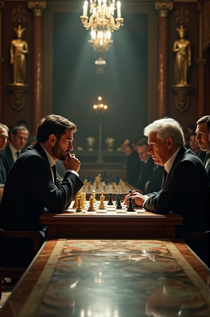 Magnus Carlsen playing chess against Bobby Fischer 