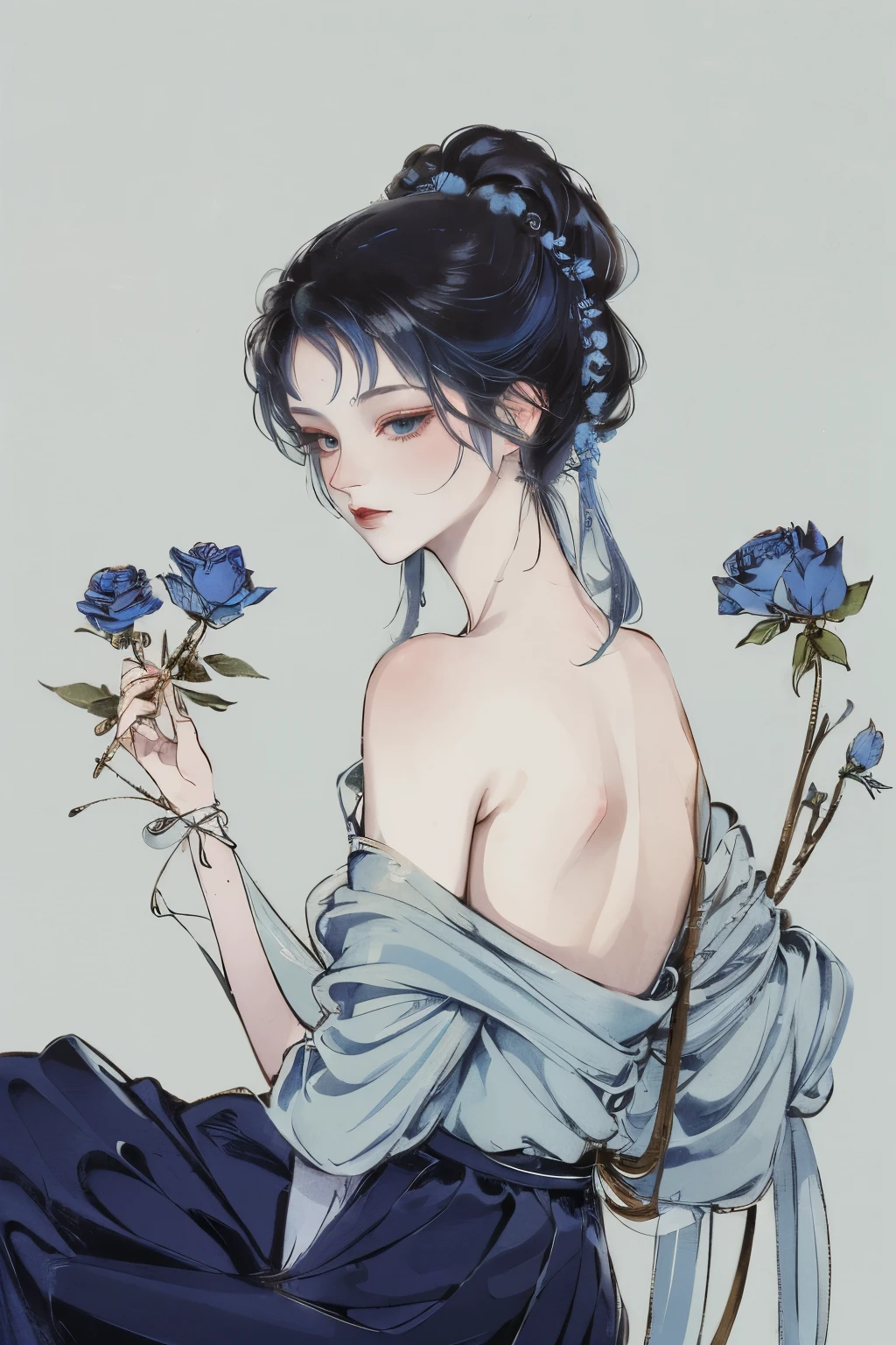 (best quality, masterpiece), (1 girl, solitary, Black skirt, Everlasting , Looking at the audience, Indigo blue hair, Holding roses, Residence, Upper Body), Butterfly，windy，Wearing double ponytails
