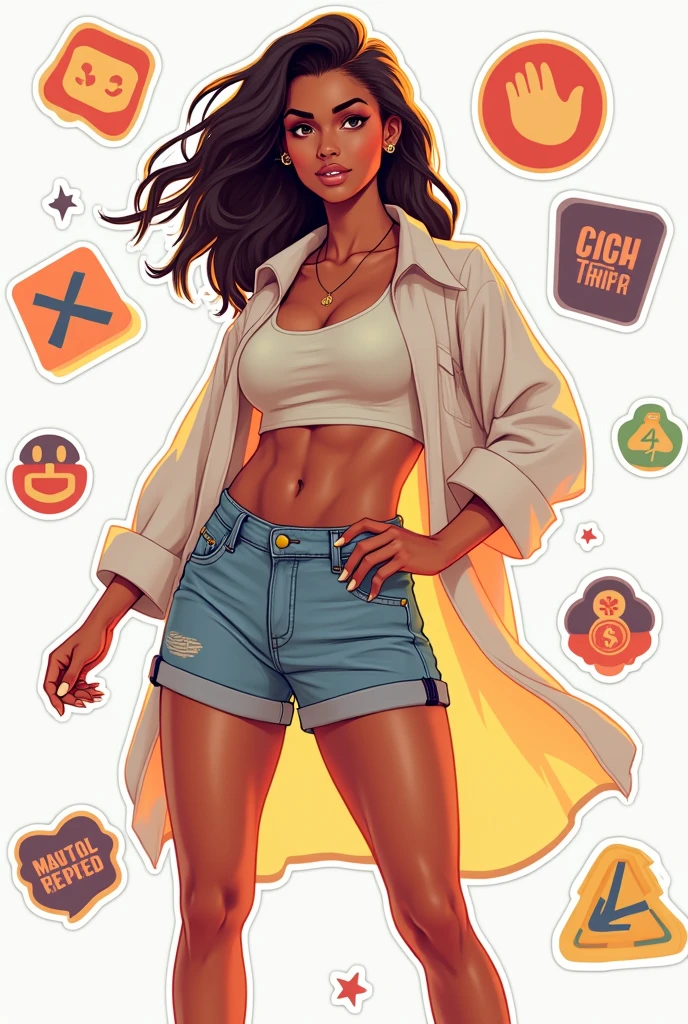 A super powerful feminine woman, wearing long shorts and a long shirt. Type stickers with white background.