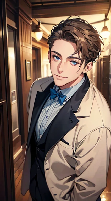 a mature man with short grey Brown hair, blue eyes, 31 years, and a perfect face, smiling in love, CEO, cinematic lighting, 1:4 HDR image, top view, ultra detailed, best quality, masterpiece, 8K, photorealistic, beautiful image