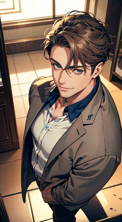 a mature man with short grey Brown hair, blue eyes, 31 years, and a perfect face, smiling in love, CEO, cinematic lighting, 1:4 HDR image, top view, ultra detailed, best quality, masterpiece, 8K, photorealistic, beautiful image