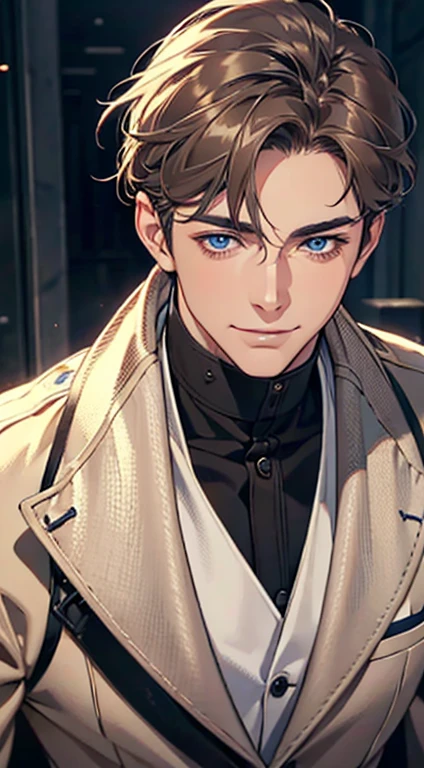 a mature man with short grey Brown hair, blue eyes, 31 years, and a perfect face, smiling in love, CEO, cinematic lighting, 1:4 HDR image, top view, ultra detailed, best quality, masterpiece, 8K, photorealistic, beautiful image
