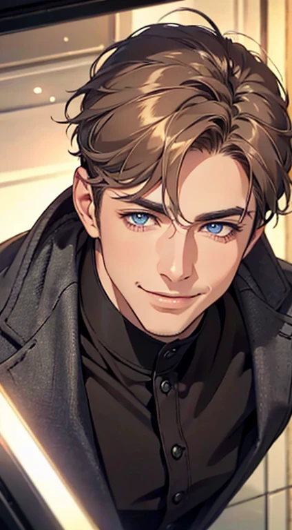 a mature man with short grey Brown hair, blue eyes, 31 years, and a perfect face, smiling in love, CEO, cinematic lighting, 1:4 HDR image, top view, ultra detailed, best quality, masterpiece, 8K, photorealistic, beautiful image