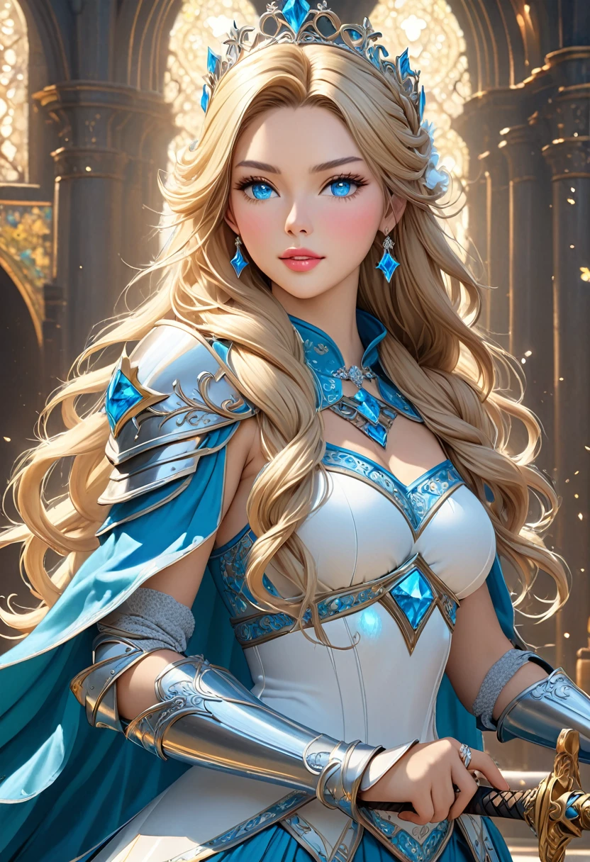 ((best quality)), ((artwork)), ((extremely detailed face)), ((perfect lighting)), ((extremely detailed CG)), ((perfect hands, perfect anatomy)), Sex/Gender= Female Aliases= Dawnstar, Princess Starfall, Ely Age= 20 Hair= Blond, braided headband, long, ringlet Eyes= Jewel blue Features= Slender, voluptuous figure, fair skinned, youthful, ravishingly beautiful, refined features, full lips Height= 5′7″ Tall Clothing= Cape, crown, cyan dress, gauntlet, plate armor, ring Items= Longsword Personality= Brave, honorable, loyal.]