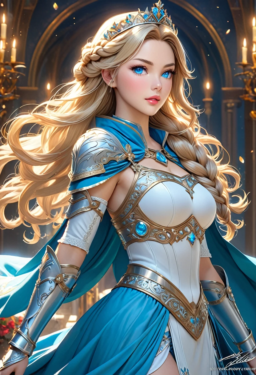 ((best quality)), ((artwork)), ((extremely detailed face)), ((perfect lighting)), ((extremely detailed CG)), ((perfect hands, perfect anatomy)), Sex/Gender= Female Aliases= Dawnstar, Princess Starfall, Ely Age= 20 Hair= Blond, braided headband, long, ringlet Eyes= Jewel blue Features= Slender, voluptuous figure, fair skinned, youthful, ravishingly beautiful, refined features, full lips Height= 5′7″ Tall Clothing= Cape, crown, cyan dress, gauntlet, plate armor, ring Items= Longsword Personality= Brave, honorable, loyal.]