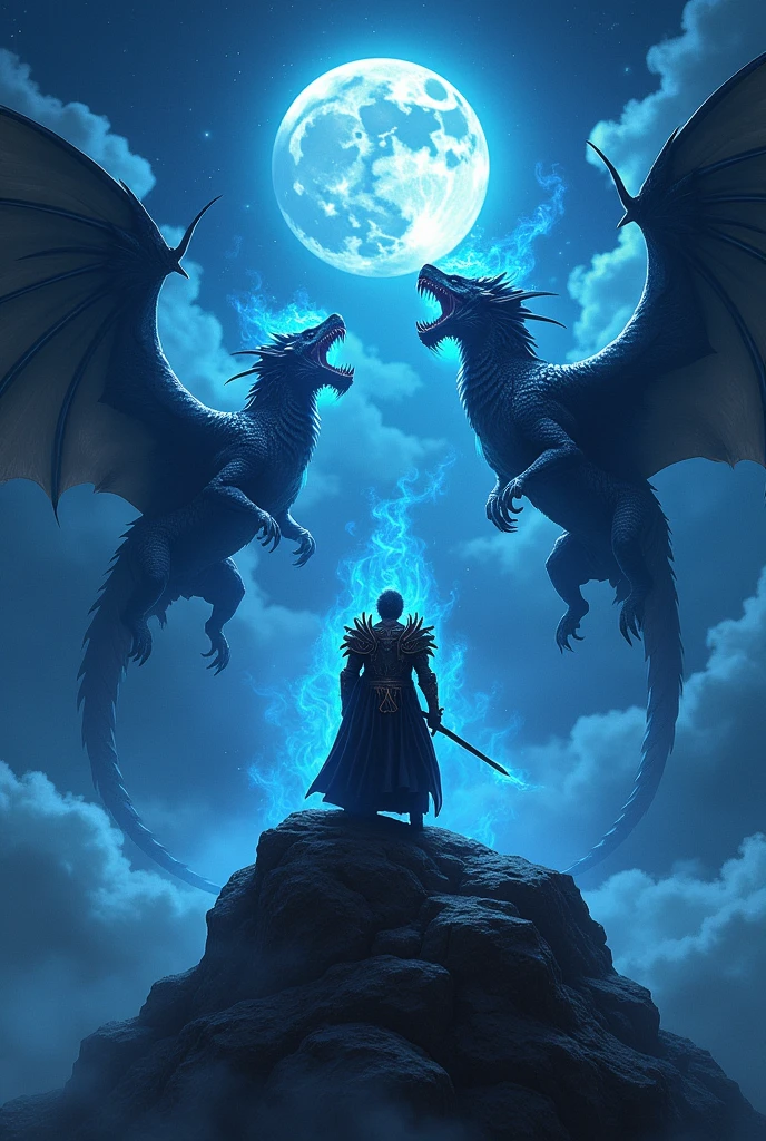 Aegon the conqueror with his dragons breathing blue fire in night