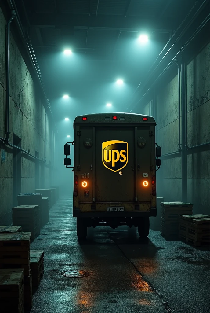 a ups truck outside of a warehouse, nightmare