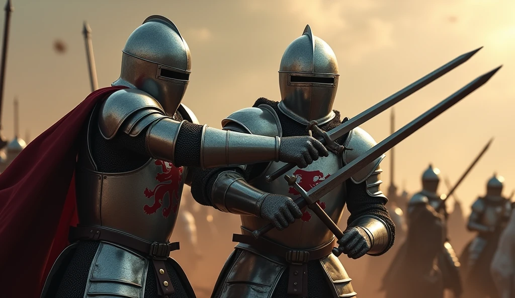 A highly realistic, high-contrast, 8K HD, detailed, hyper-detailed image of two medieval knights fighting side by side on the battlefield. The knights, clad in steel armor with lion emblems on their tunics and helmets fully covering their faces, work together in combat against their enemies. Each knight swings his sword with precision and strength, supporting his comrade in the heat of battle. The atmosphere is intense, capturing the unity and bond between the two as they fight with determination. The image is of the highest quality, with ultra-high resolution, RAW photo quality, and Unreal Engine rendering, showcasing the strength and camaraderie of the two knights as they stand together, with the lion emblem proudly displayed on their armor.