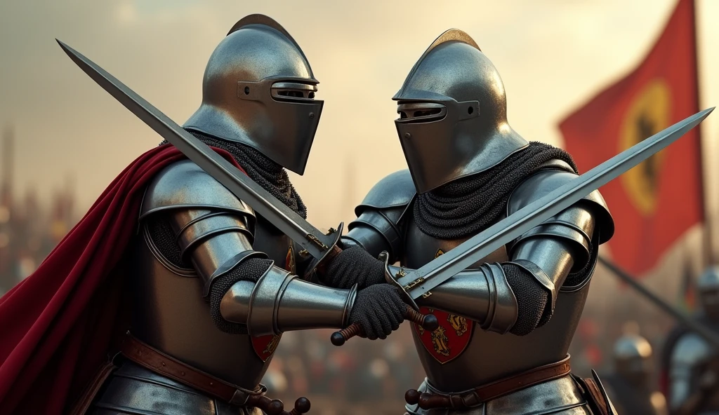 A highly realistic, high-contrast, 8K HD, detailed, hyper-detailed image of two medieval knights fighting side by side on the battlefield. The knights, clad in steel armor with lion emblems on their tunics and helmets fully covering their faces, work together in fierce combat against their enemies. Each knight swings his sword with precision and strength, supporting his comrade in the heat of battle. The atmosphere is intense, capturing the unity and bond between the two as they fight with determination. The image is of the highest quality, with ultra-high resolution, RAW photo quality, and Unreal Engine rendering, showcasing the strength and camaraderie of the two knights as they stand together, with the lion emblem proudly displayed on their armor.
