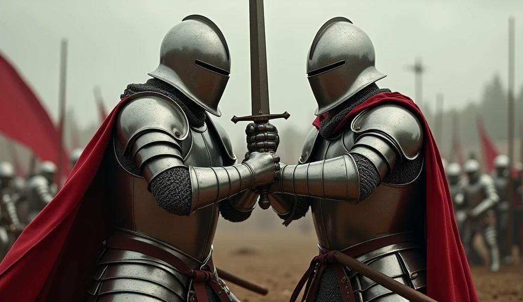 A highly realistic, high-contrast, 8K HD, detailed, hyper-detailed image of two medieval knights fighting side by side on the battlefield. The knights, clad in steel armor with lion emblems on their tunics and helmets fully covering their faces, work together in fierce combat against their enemies. Each knight swings his sword with precision and strength, supporting his comrade in the heat of battle. The atmosphere is intense, capturing the unity and bond between the two as they fight with determination. The image is of the highest quality, with ultra-high resolution, RAW photo quality, and Unreal Engine rendering, showcasing the strength and camaraderie of the two knights as they stand together, with the lion emblem proudly displayed on their armor.