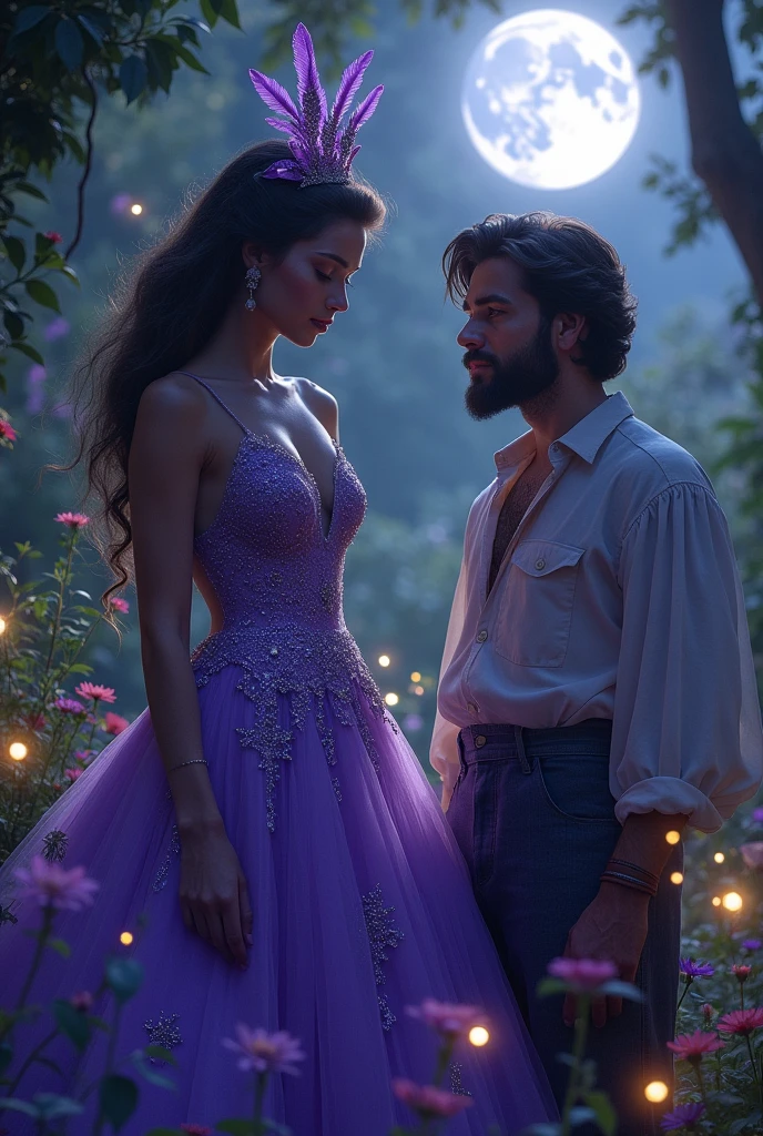 Create an image of a pomba gira wearing a purple dress next to a young man with a beard and feminine features.