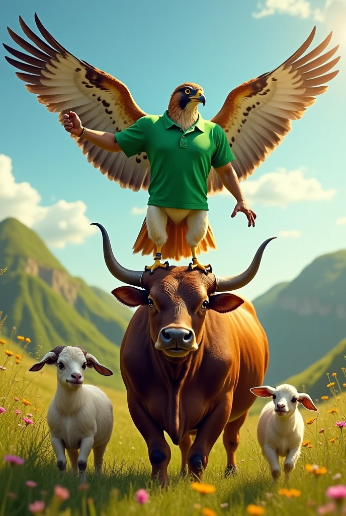 muscular falcon with green polo stepping on a goat and a bull

