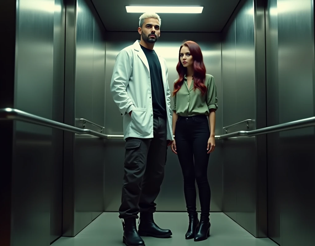 A platinum blond wavy swept-back crew cut, attractive Arab man extremely tall (216cm) dark skin, long black stubble wears a white lab coat, black t-shirt, black cargo pants, black boots. He's standing inside elevator to the side of a very short (170cm) young Caucasian woman with a wary expression and vibrant maroon side-parted long wavy layered hair. She's wearing soft green silk work blouse, low-rise black pants and black boots, cinematic lighting.