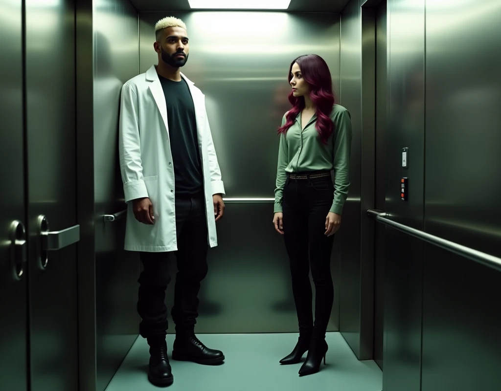 A platinum blond wavy swept-back crew cut, attractive Arab man extremely tall (216cm) dark skin, long black stubble wears a white lab coat, black t-shirt, black cargo pants, black boots. He's standing inside elevator to the side of a very short (170cm) young Caucasian woman with a wary expression and vibrant maroon side-parted long wavy layered hair. She's wearing soft green silk work blouse, low-rise black pants and black boots, cinematic lighting.
