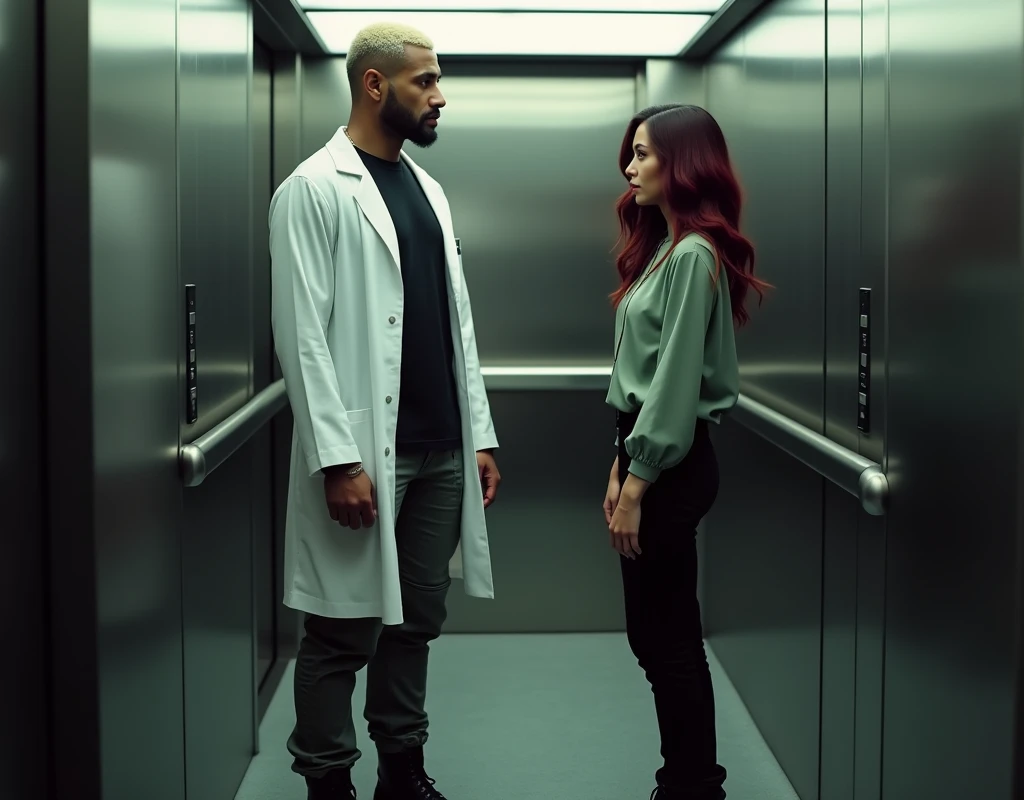 A platinum blond wavy swept-back crew cut, attractive Arab man extremely tall (216cm) dark skin, long black stubble wears a white lab coat, black t-shirt, black cargo pants, black boots. He's standing inside elevator to the side of a very short (170cm) young Caucasian woman with a wary expression and vibrant maroon side-parted long wavy layered hair. She's wearing soft green silk work blouse, low-rise black pants and black boots, cinematic lighting.