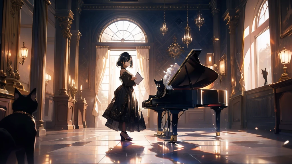 A woman is playing the piano..The woman has short black hair and is wearing a gold dress..The girl is playing in the hall.A black cat is watching the girl play at her feet.