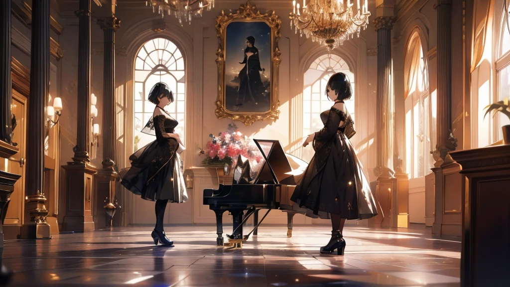 A woman is playing the piano.．The woman has short black hair and is wearing a gold dress.．The girl is playing in the hall．A black cat is watching the girl play at her feet．
