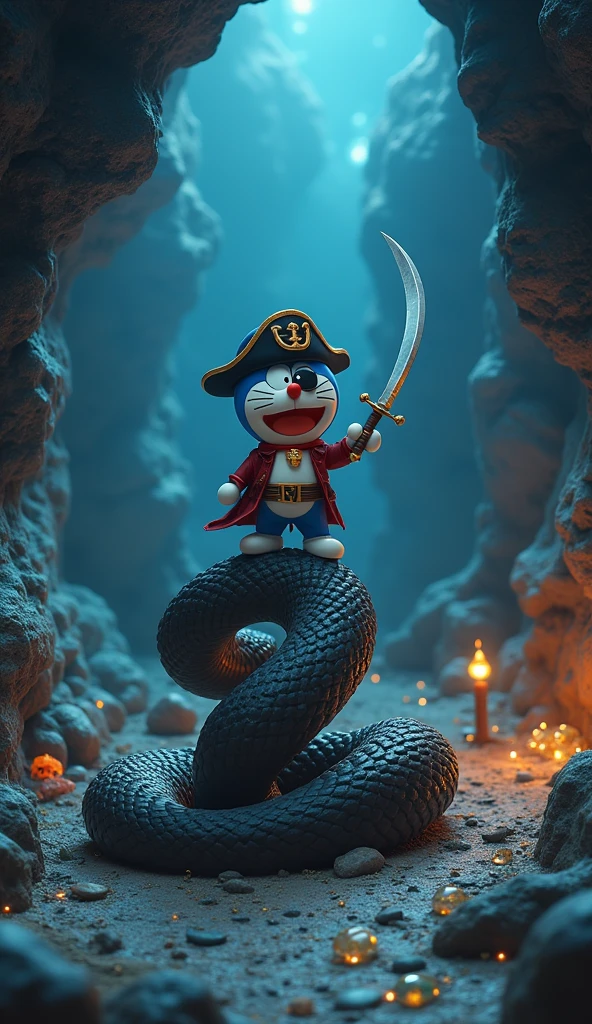 An image of Captain Doraemon wearing a pirate costume . Doraemon defeats the giant snake in the cave, standing on the giant snake..sharp 4k 3d images