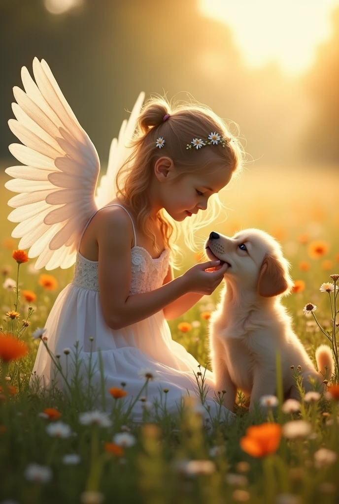 Beautiful angel stunning wings morning light shining through her wings kneeling down feeding A hungry puppy 