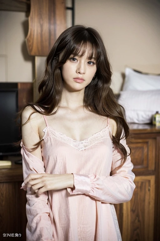 Sleeping girl, 22 years old, Practical, Original Photography，Cute style，Sexy style，She was wearing a long pink nightgown, Perfect body，Very long hair，Very detailed face，Exquisite eyes，Beautiful long legs