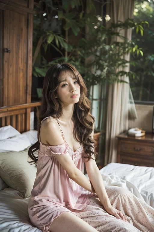 Sleeping girl, 22 years old, Practical, Original Photography，Cute style，Sexy style，She was wearing a long pink nightgown, Perfect body，Very long hair，Very detailed face，Exquisite eyes，Beautiful long legs