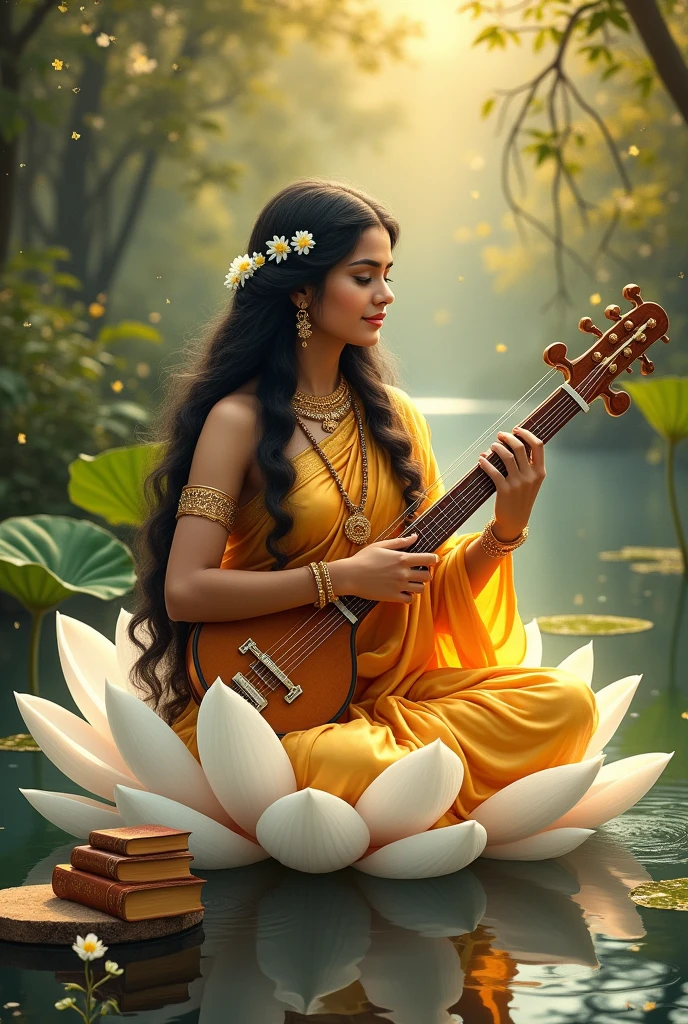Cool cinematic animated character art, Silhouette of indian godess Saraswati sitting on a giant white lotus in a pond, multiple arms, playing musical instrument-'veena' , wearing indian golden crown, saree, white flower garlands, luscious hair flowing in air, calm expression, glowing fireflies in air, rainy storm, cinematic lighting, darkness in atmosphere, tree leaves floating, colour graded, vibrant, 4khd