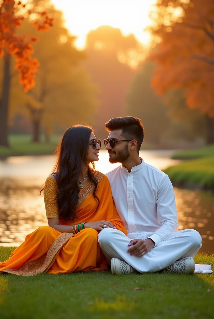 A serene and picturesque scene of a 15 years olded south Asian couple sitting side by side on a lush, green grassy area. The young woman is wearing a vibrant basunti-colored saree, and the young man is dressed in a pristine white panjabi with pajama and his hair style is very small size hair style and he wear sunglass . They both  face have light smile . In the background, a beautiful pond shimmers under the golden autumn sun, and a few trees with vibrant autumn hues frame the scene. The weather is mild and perfect for this idyllic moment of connection.